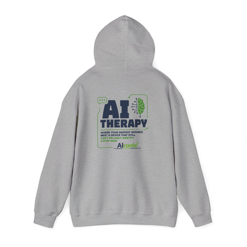 Hoodie featuring “AI Therapy” AI humor design by AIronic, gallery view 23