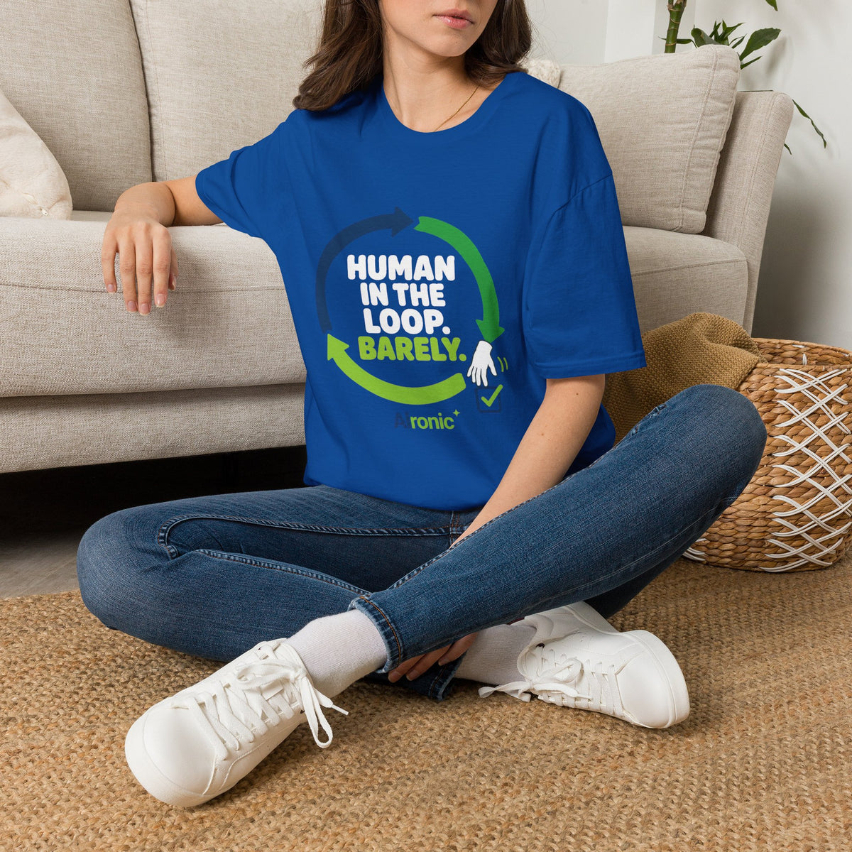 Royal T-Shirt featuring "Human in the Loop. Barely." AI humor design by AIronic, gallery view 10