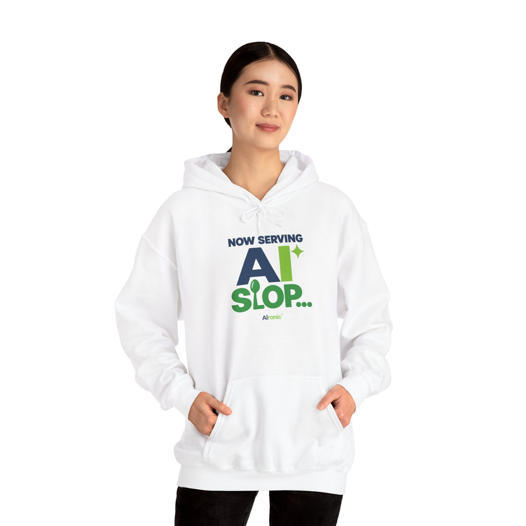 AIronic hoodie featuring "Now Serving AI Slop" AI humor design, gallery view 15