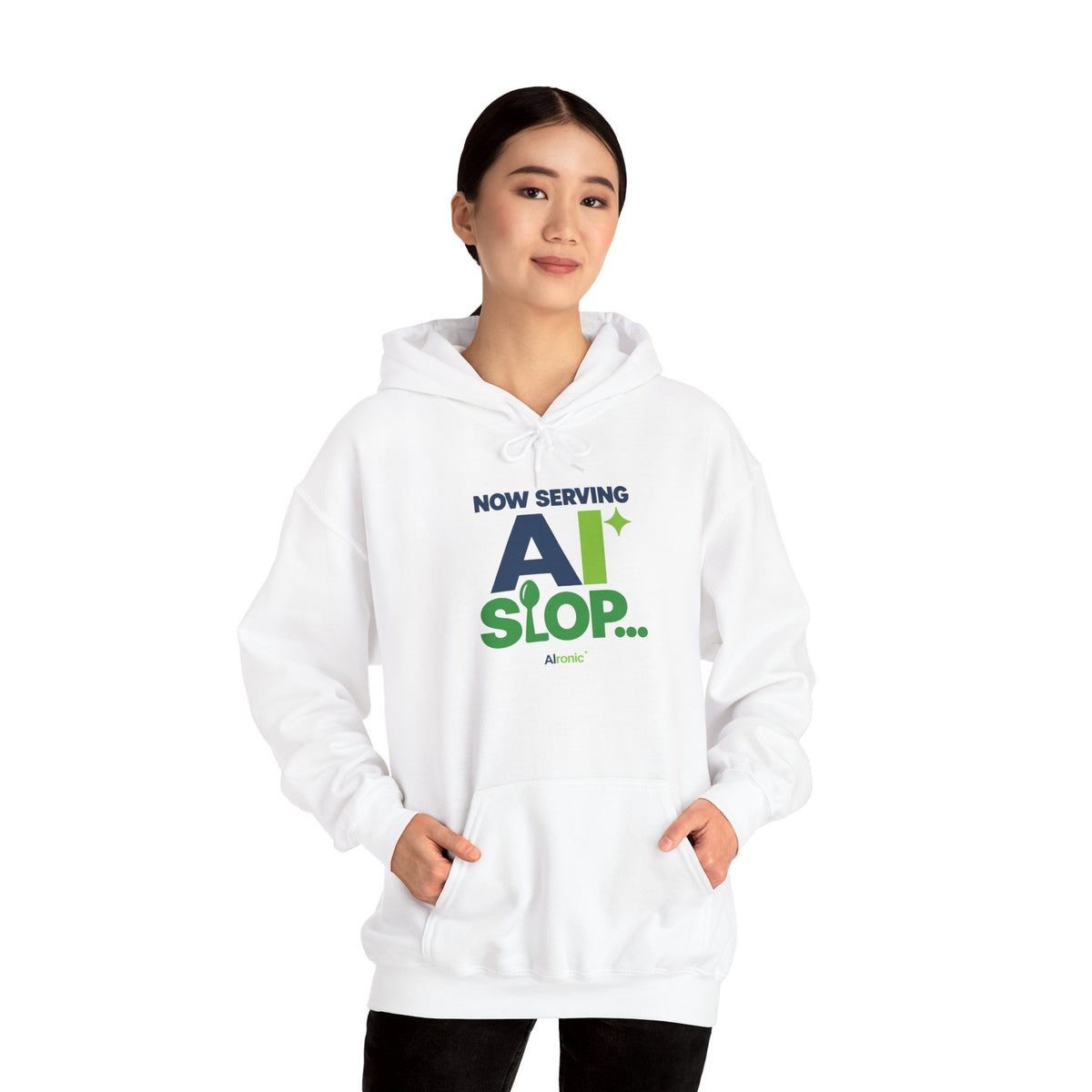 AIronic hoodie featuring "Now Serving AI Slop" AI humor design, gallery view 15