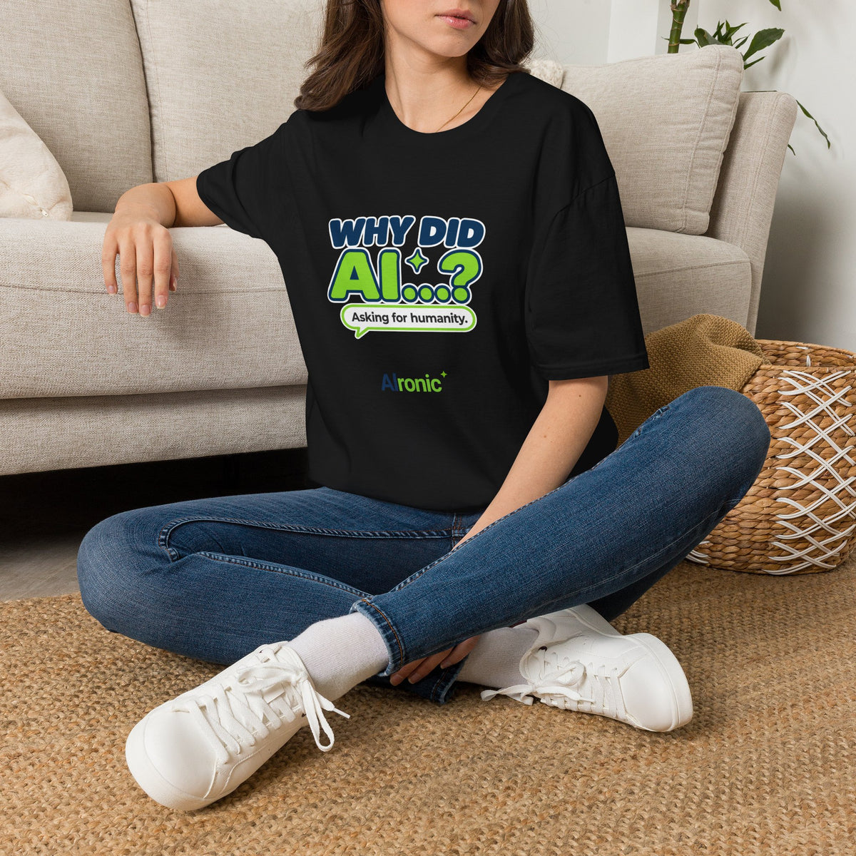 Black T-shirt featuring “Why did AI...?” AI humor design by AIronic, catalog view 1