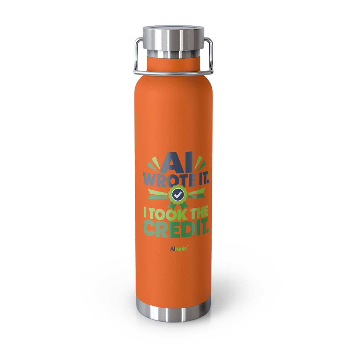 Orange Water Bottle featuring "AI Wrote It. I Took the Credit." AI humor design by AIronic, gallery view 5