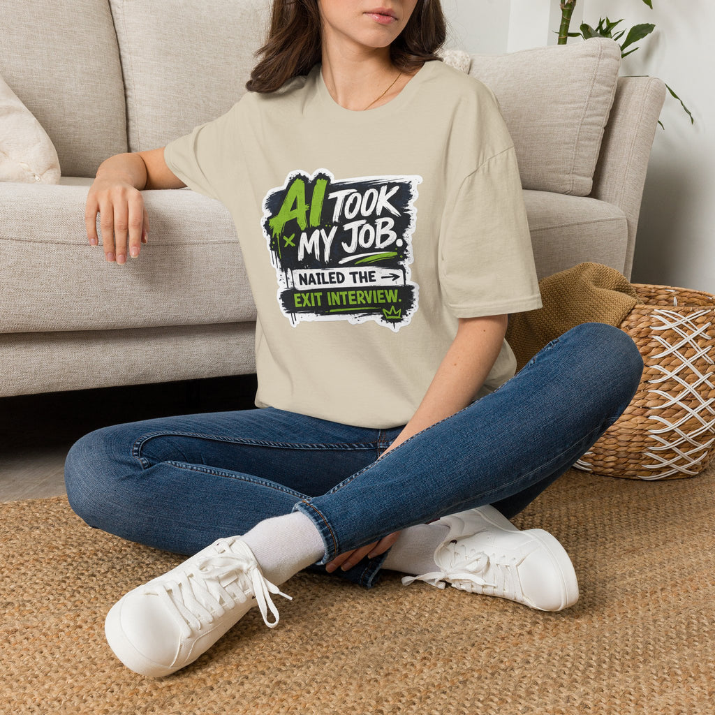 T-Shirt featuring "AI Took My Job - Nailed Exit Interview" AI humor design by AIronic, gallery view 19