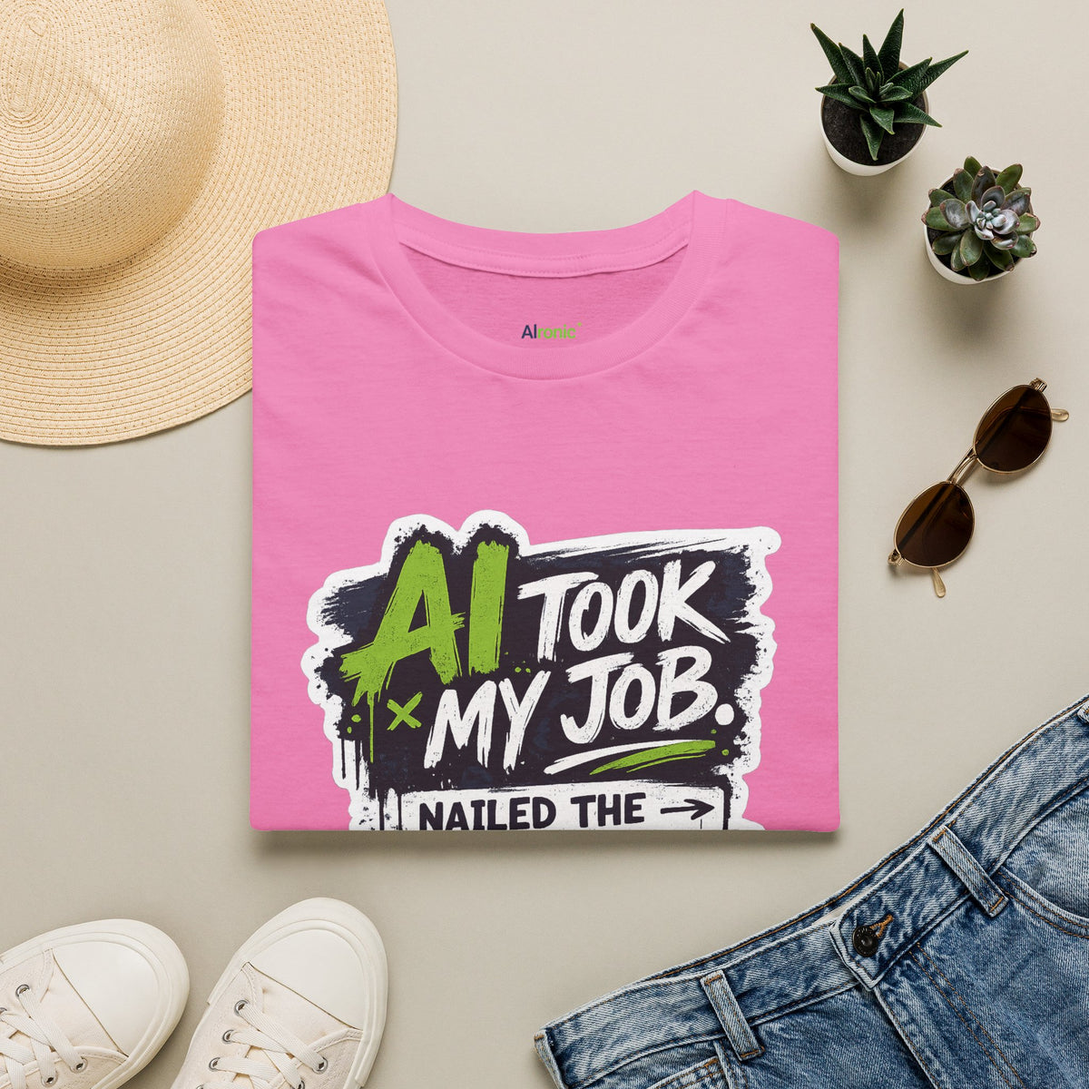 Azalea T-Shirt featuring "AI Took My Job - Nailed Exit Interview" AI humor design by AIronic, gallery view 10