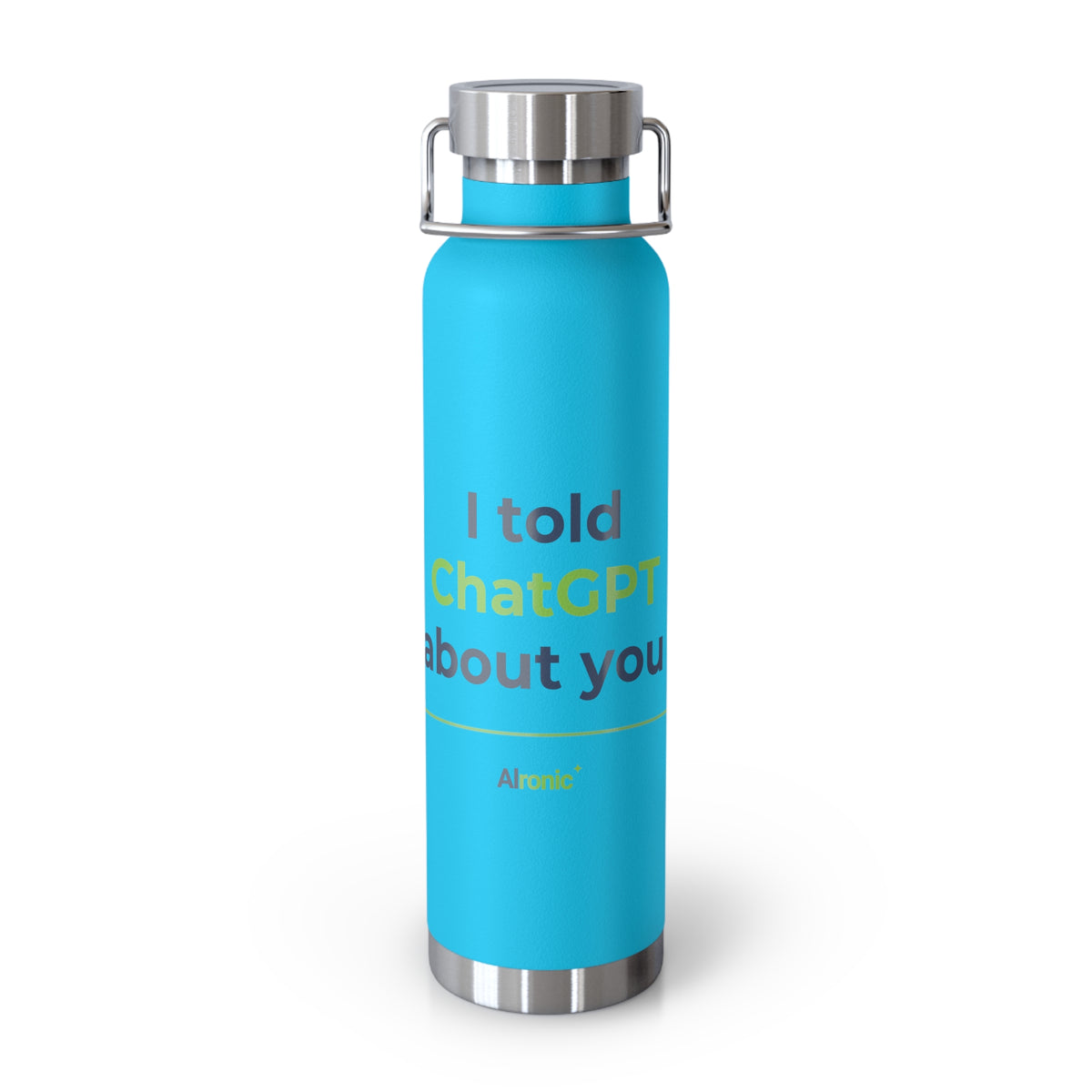 Pebble Blue Water Bottle featuring "I Told ChatGPT About You" AI humor design by AIronic, gallery view 7