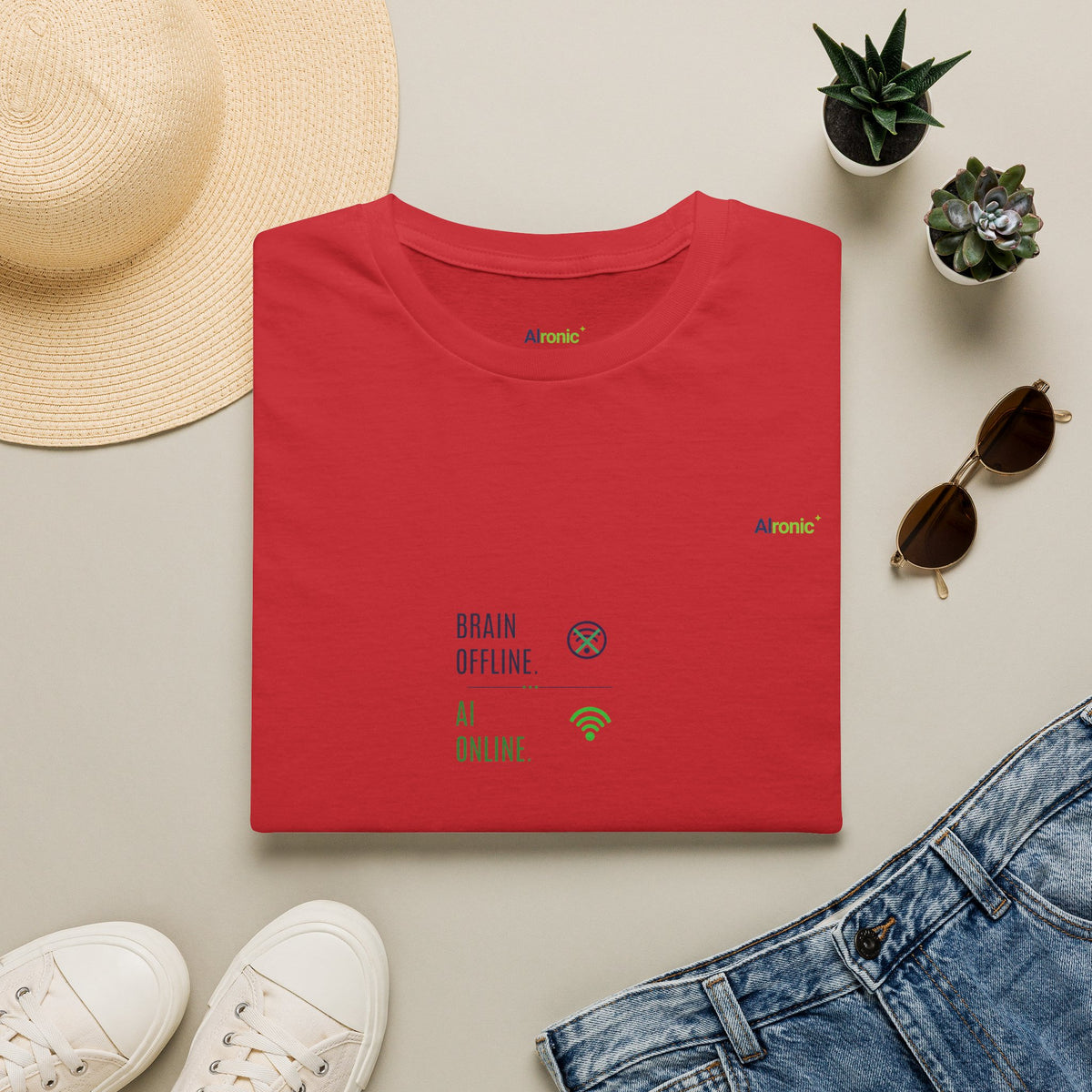 Red T-Shirt featuring "Brain Offline, AI Online" AI humor design by AIronic, gallery view 12