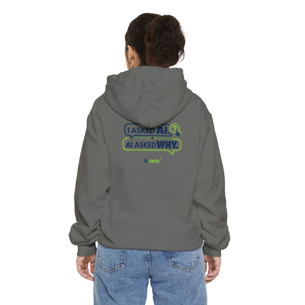 Grey hoodie featuring “I asked AI. AI asked why” AI humor design by AIronic, catalog view 3