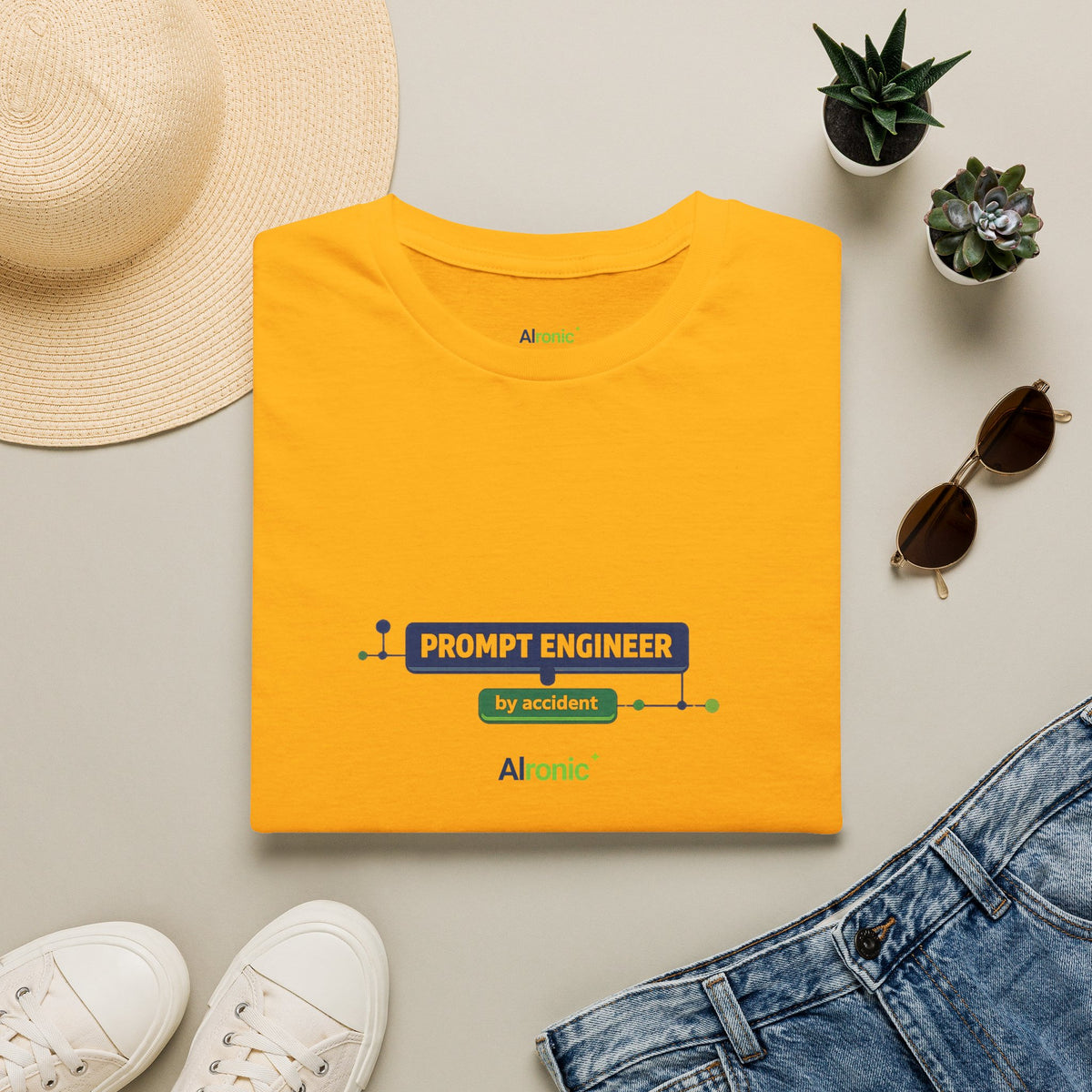 Gold T-Shirt featuring "Prompt Engineer by Accident" AI humor design by AIronic, gallery view 5
