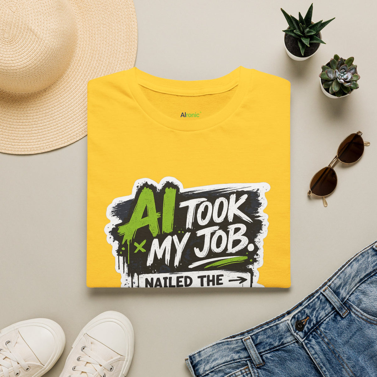 Daisy T-Shirt featuring "AI Took My Job - Nailed Exit Interview" AI humor design by AIronic, gallery view 7