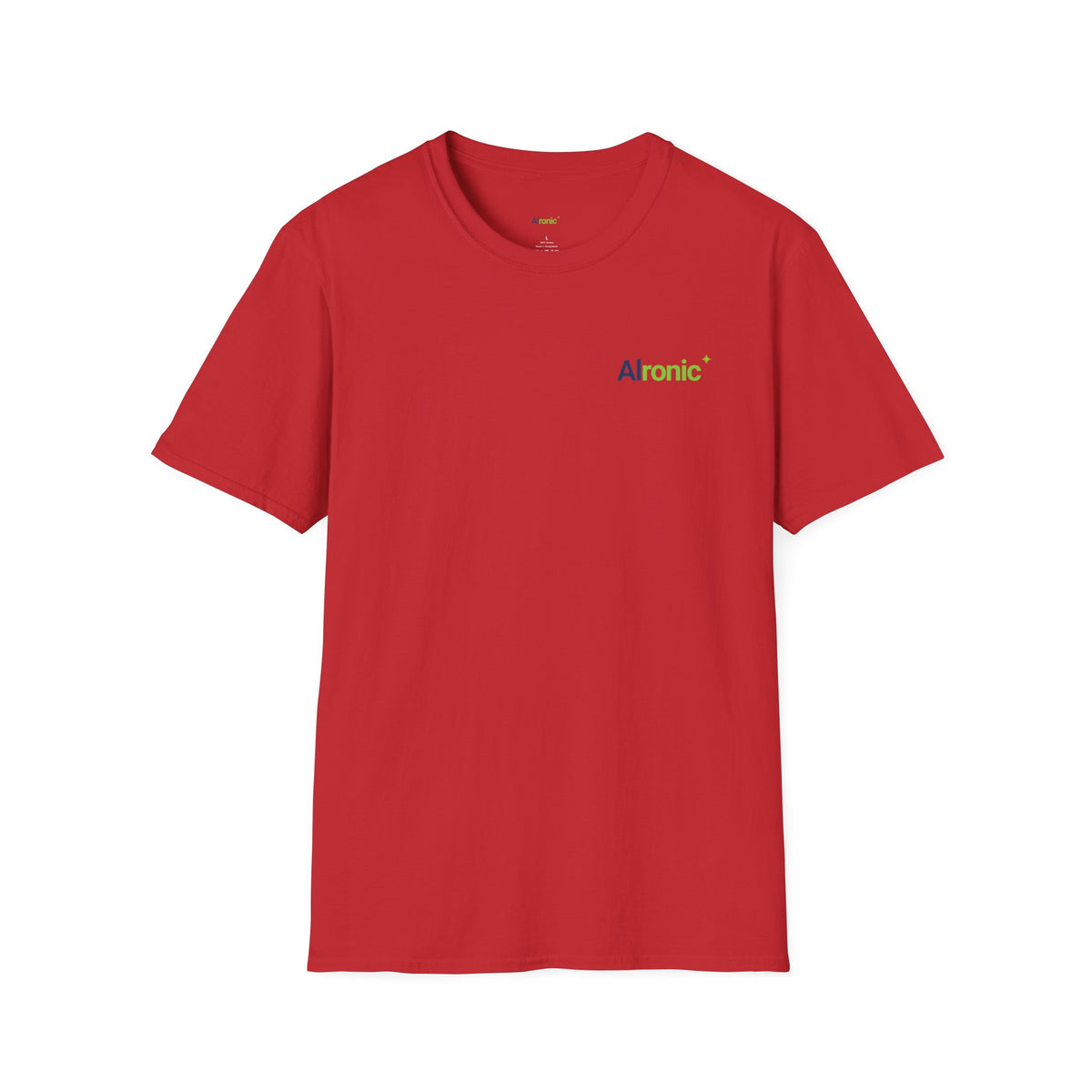 Red T-Shirt featuring "AIronic Minimal Logo Casual" AI humor design by AIronic, gallery view 11