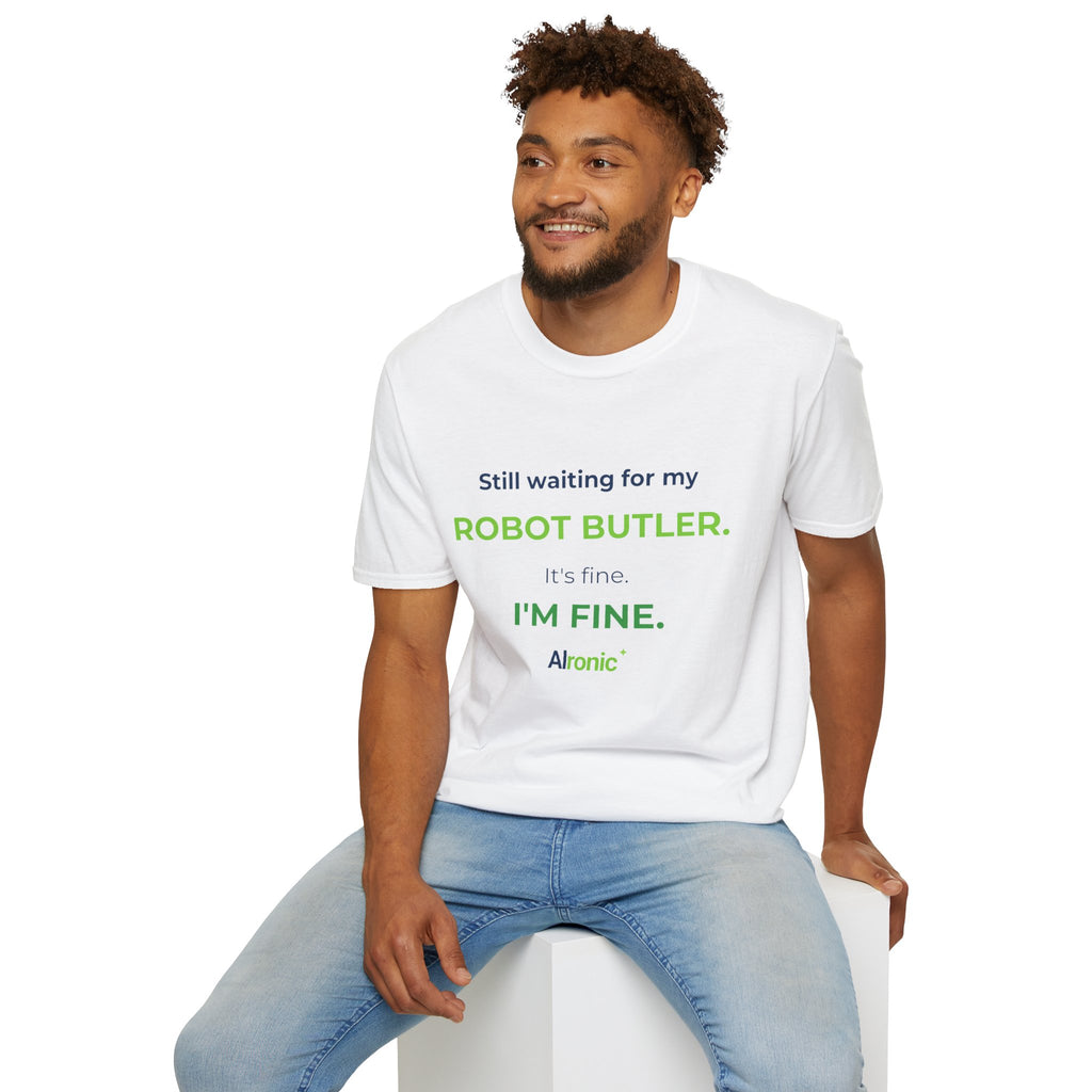 Sport Grey T-shirt featuring “Still waiting for my robot butler” AI humor design by AIronic, catalog view 2