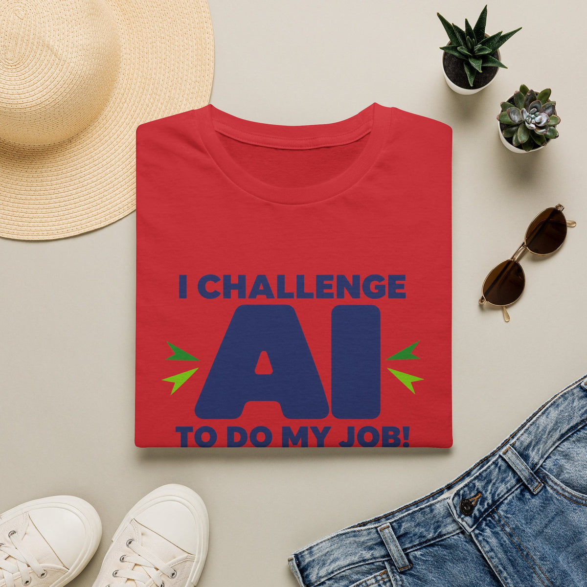 Red T-shirt featuring "I Challenge AI to Do My Job" by AIronic, product view 11