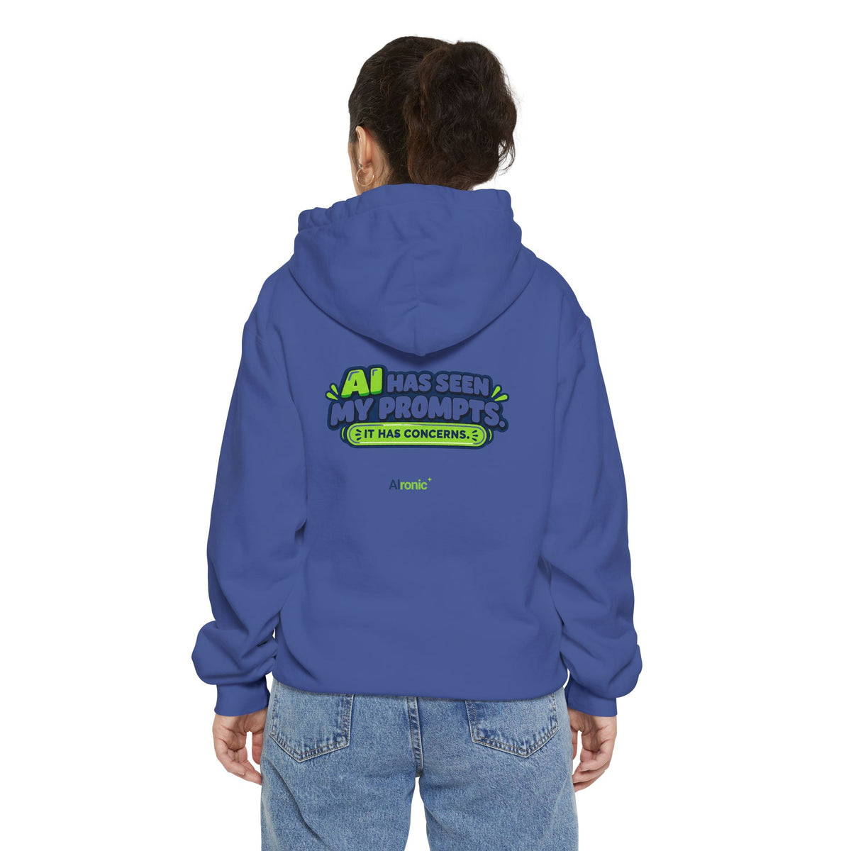 Flo Blue hoodie featuring “AI has seen my prompts. It has concerns” AI humor design by AIronic, catalog view 3