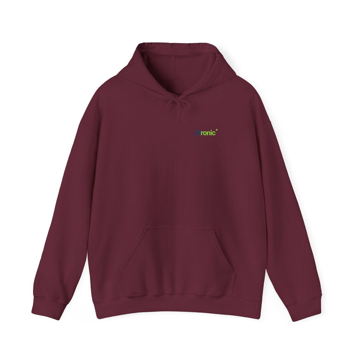 Maroon hoodie featuring minimal “AI created this shirt” AI humor design by AIronic, catalog view 1