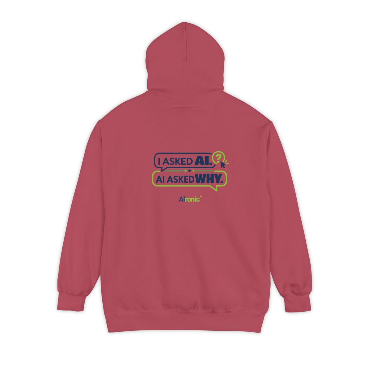 Denim hoodie featuring “I asked AI. AI asked why” AI humor design by AIronic, catalog view 5
