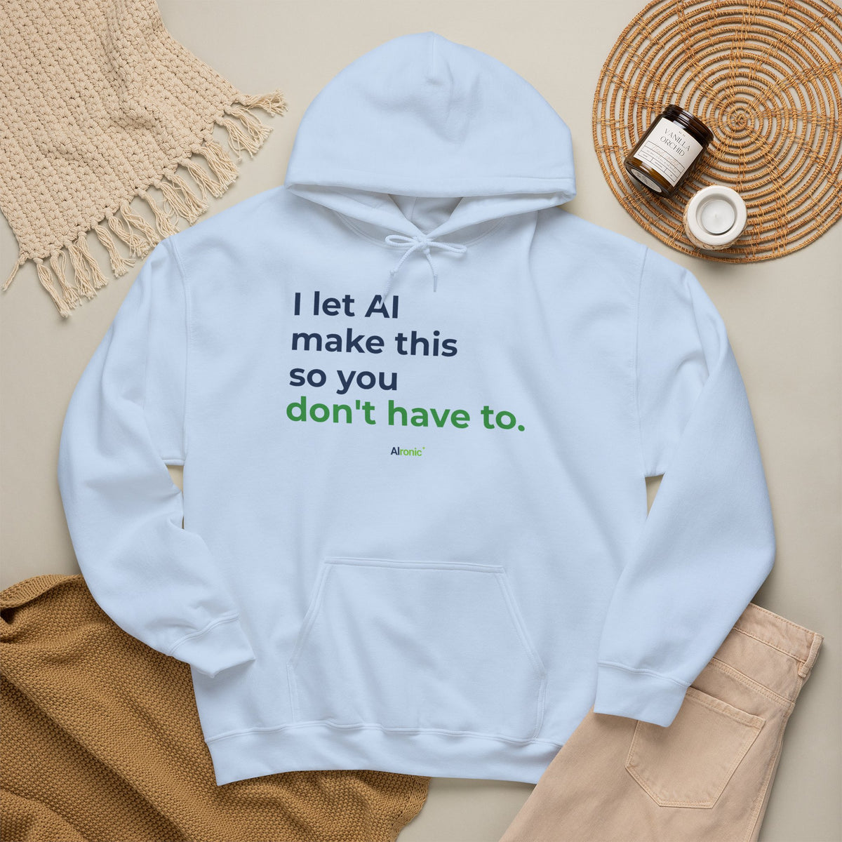 Hoodie featuring "I Let AI Make This" AI humor design by AIronic, gallery view 29