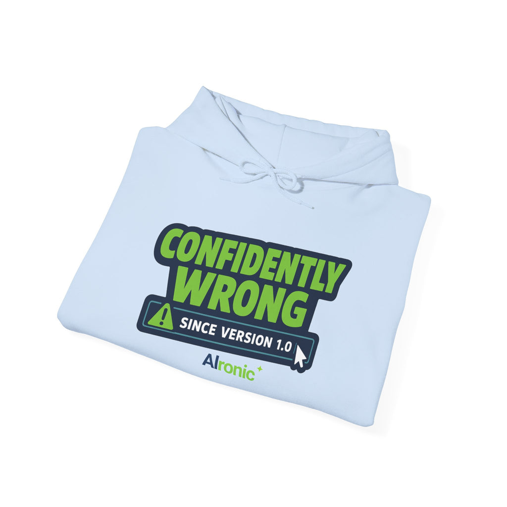Hoodie featuring “Confidently Wrong Since Version 1.0” AI humor design by AIronic, gallery view 36
