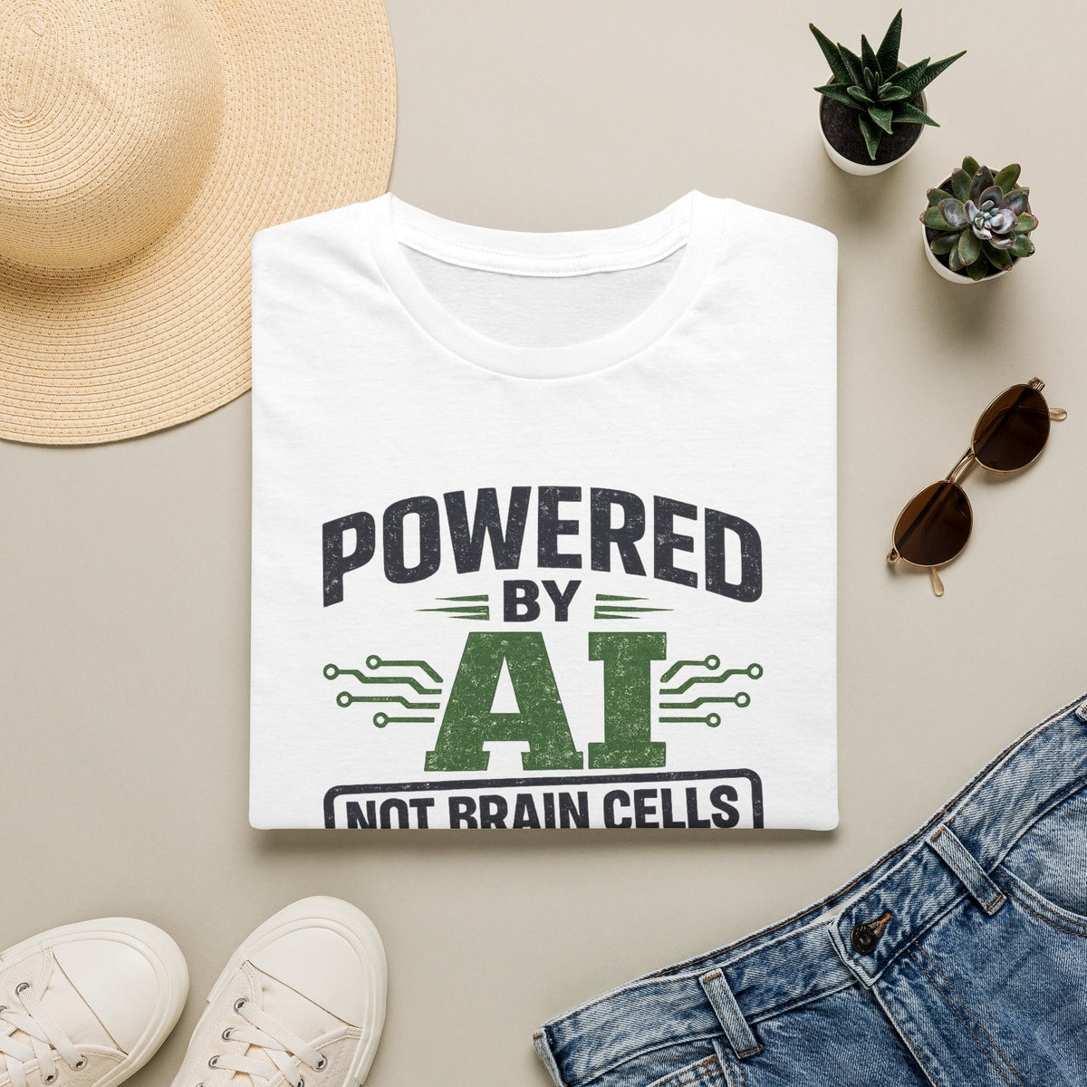 T-Shirt featuring "Powered by AI" AI humor design by AIronic, gallery view 13