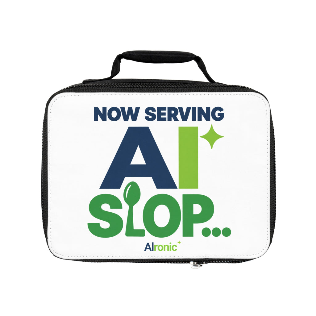 AIronic lunch bag featuring "Now Serving AI Slop" AI humor design, gallery view 1