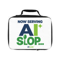 AIronic lunch bag featuring "Now Serving AI Slop" AI humor design, gallery view 1