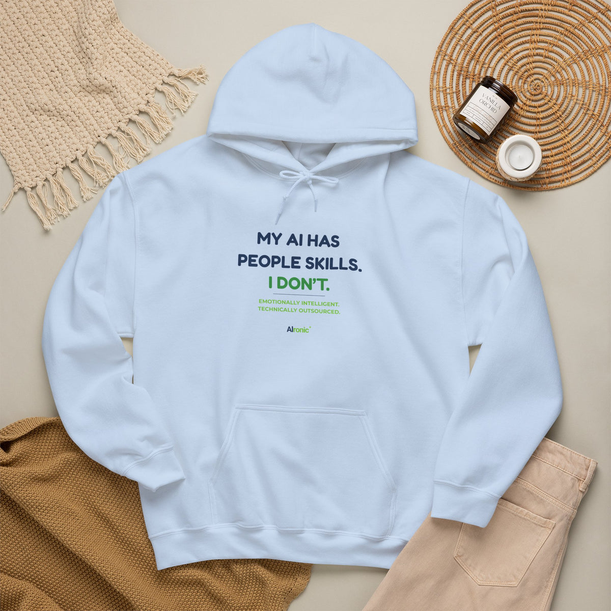 Hoodie featuring “My AI Has People Skills. I Don't.” AI humor design by AIronic, gallery view 35