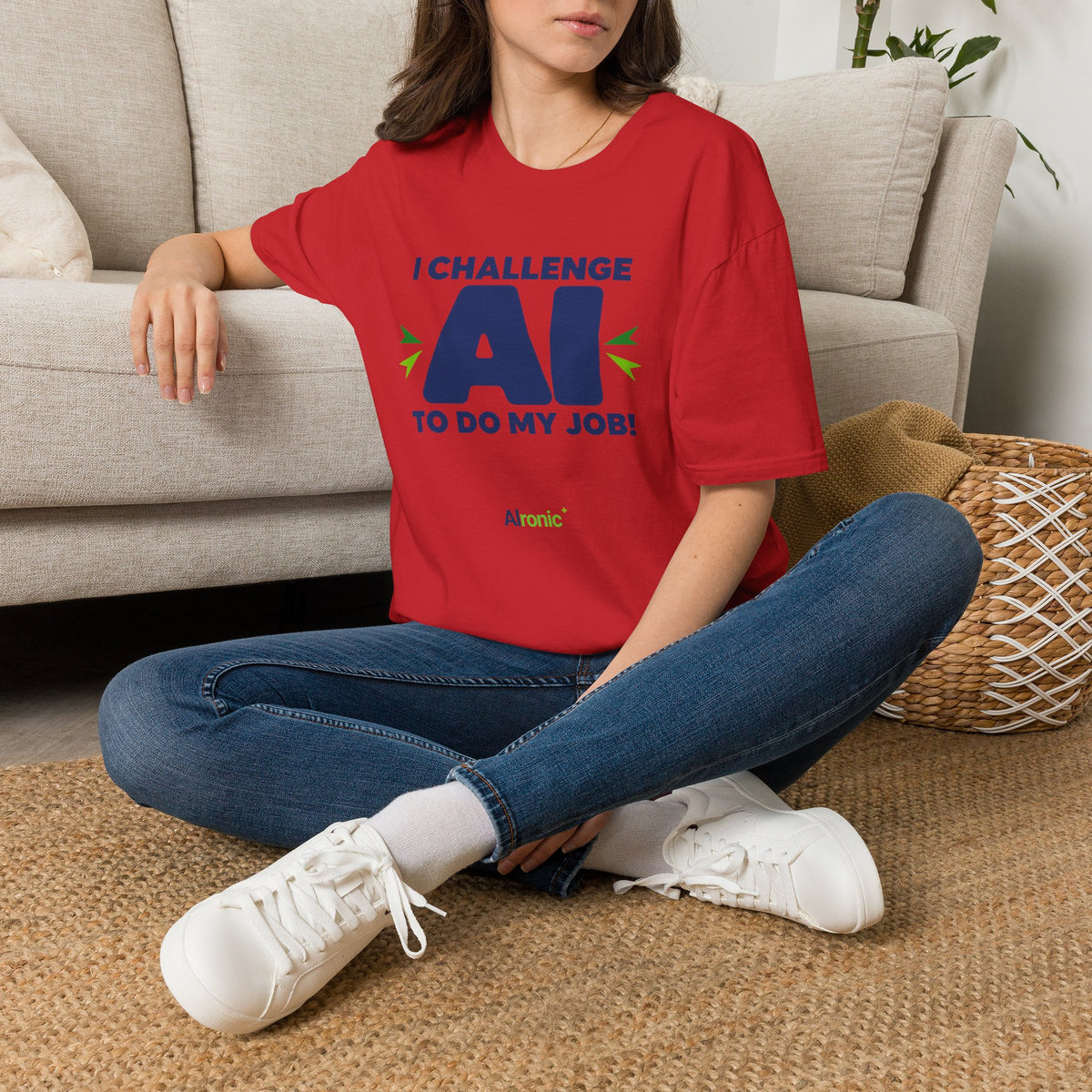T-shirt featuring "I Challenge AI to Do My Job" by AIronic, product view 43