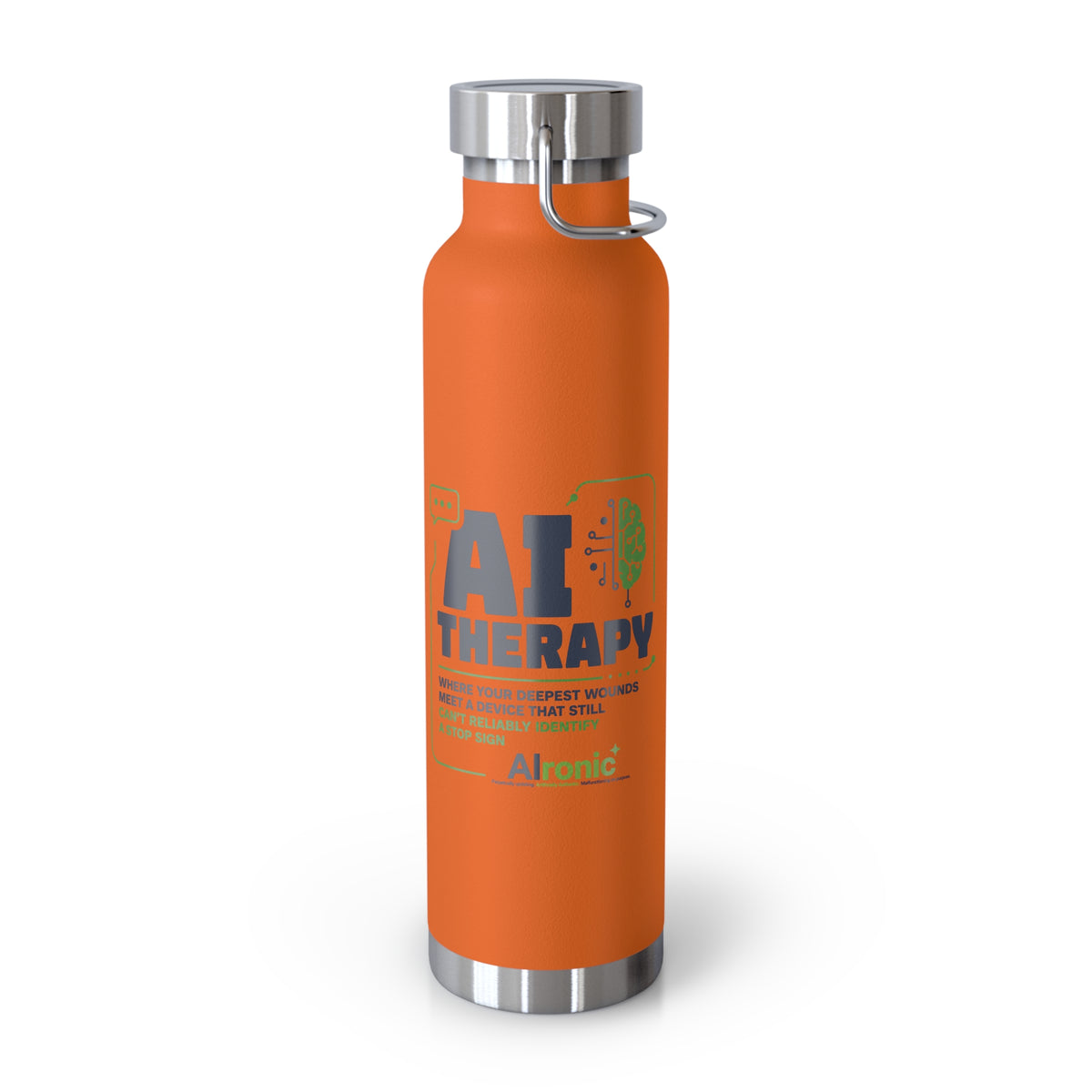 Orange Water Bottle featuring "AI Therapy" AI humor design by AIronic, gallery view 5
