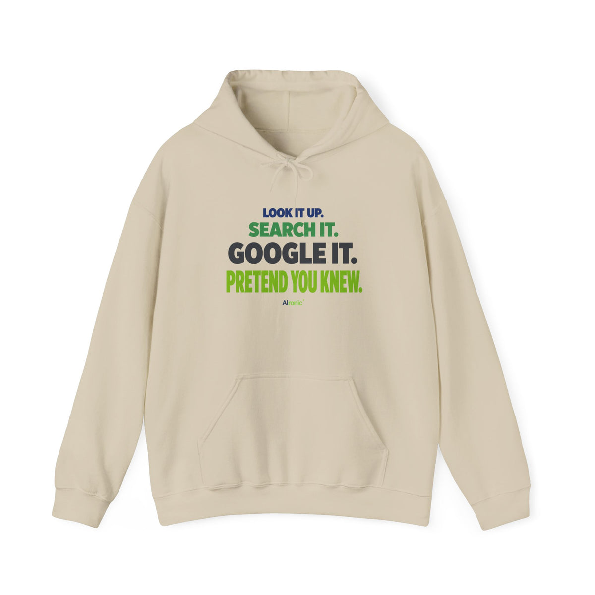 AIronic hoodie featuring "Google It" AI humor design, gallery view 3