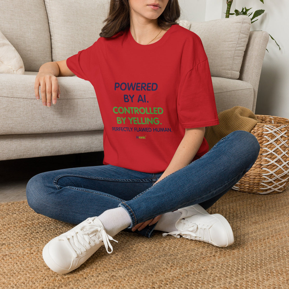 Red T-Shirt featuring "T-Shirt — "Powered by AI. Controlled by Yelling." Graph…" AI humor design by AIronic, gallery view 11