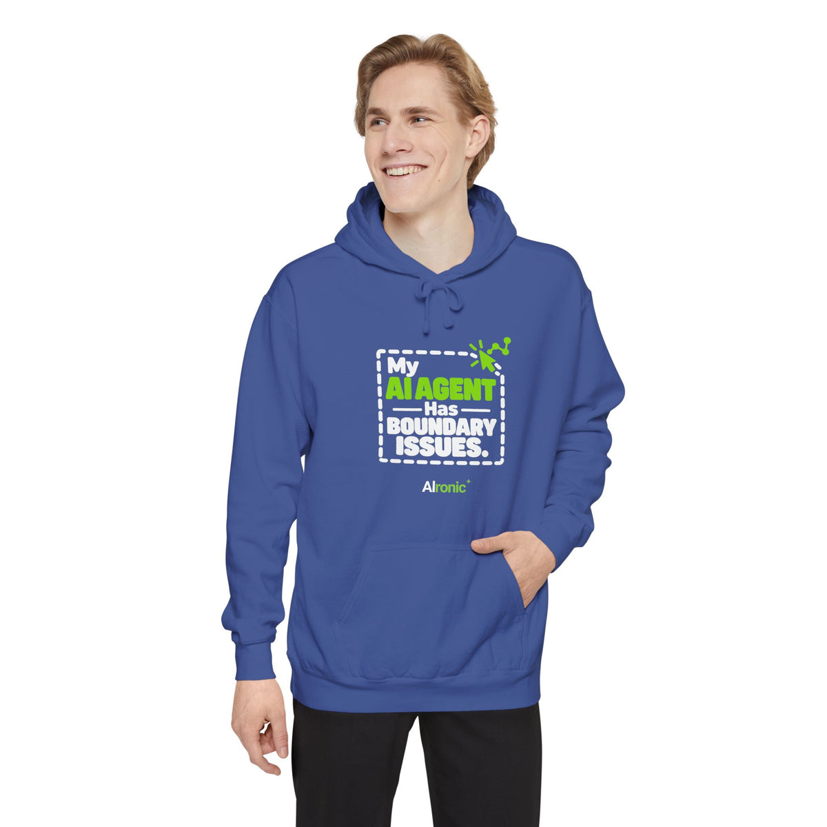 Pepper hoodie featuring “My AI agent has boundary issues” AI humor design by AIronic, catalog view 4