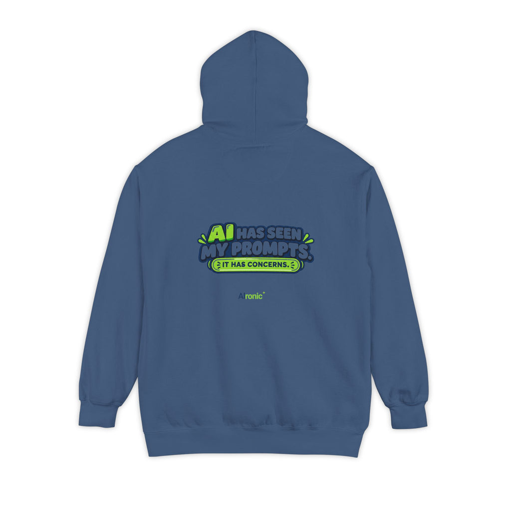 Seafoam hoodie featuring “AI has seen my prompts. It has concerns” AI humor design by AIronic, catalog view 4