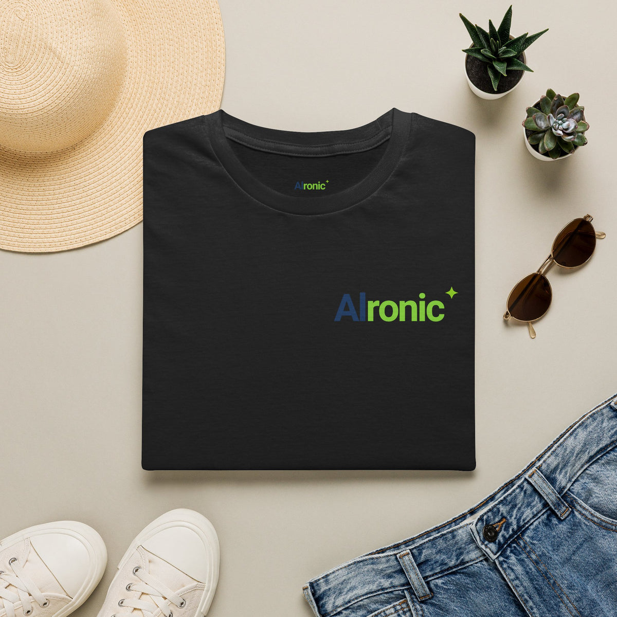 Black T-Shirt featuring "AIronic Logo with AIron" AI humor design by AIronic, gallery view 2
