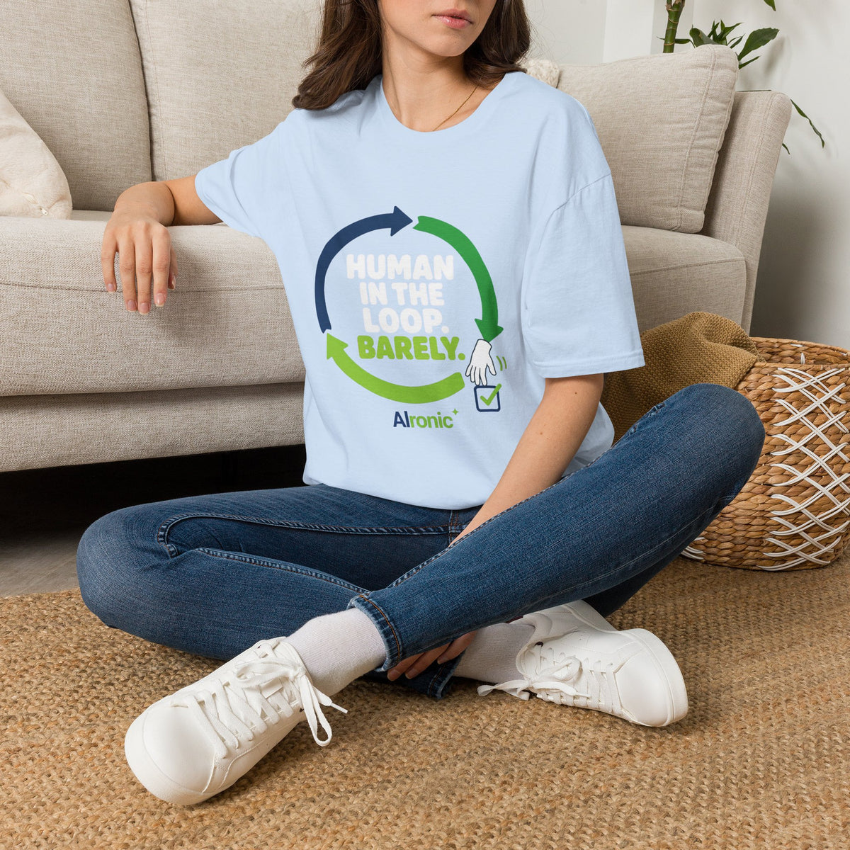 Light Blue T-Shirt featuring "Human in the Loop. Barely." AI humor design by AIronic, gallery view 9