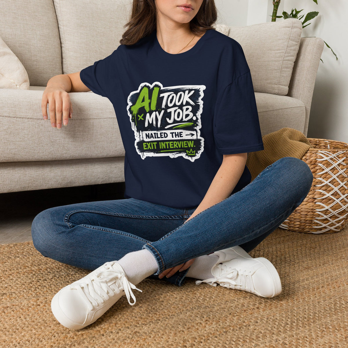 T-Shirt featuring "AI Took My Job - Nailed Exit Interview" AI humor design by AIronic, gallery view 37