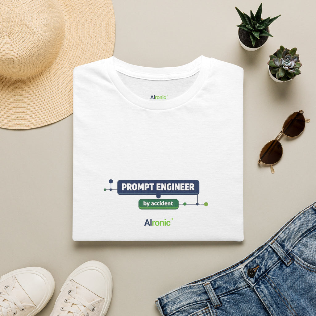T-Shirt featuring "Prompt Engineer by Accident" AI humor design by AIronic, gallery view 13