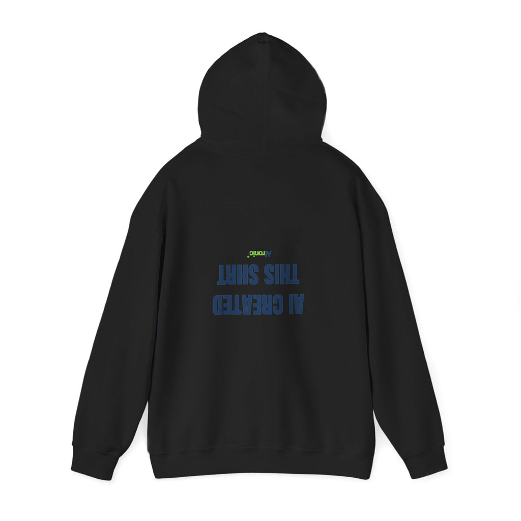 Gold hoodie featuring “AI created this shirt” AI humor design by AIronic, catalog view 2