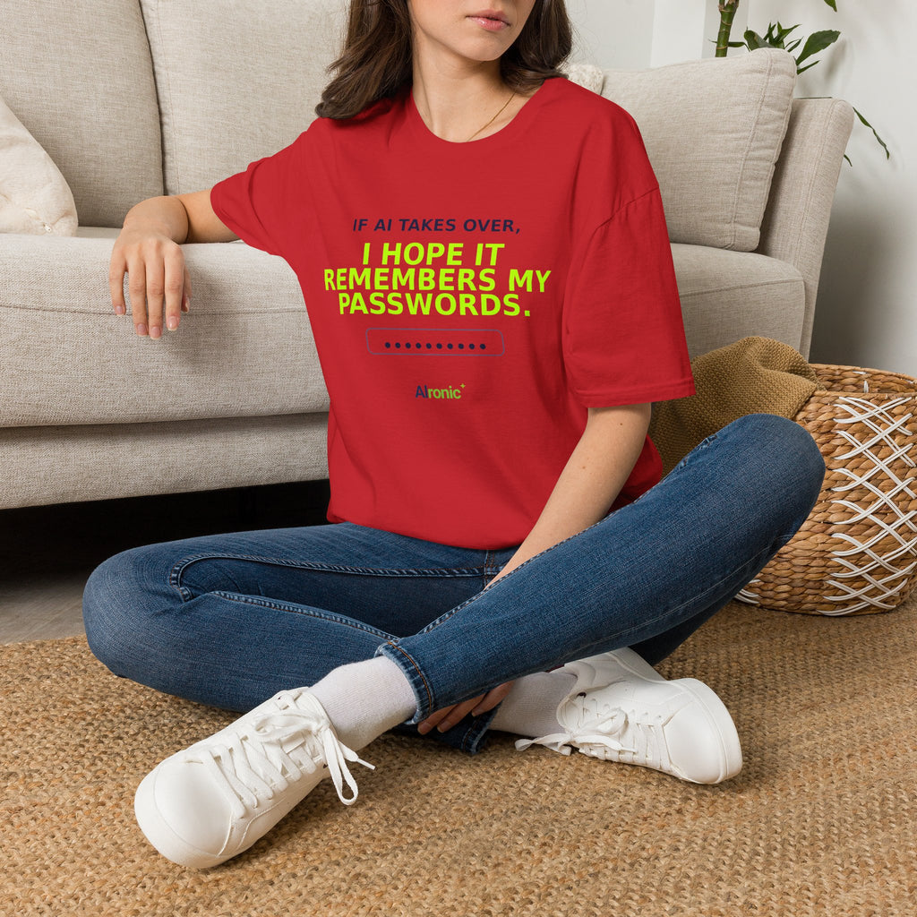 Model wearing Red T-shirt with "I hope AI remembers my passwords" AI humor design by AIronic