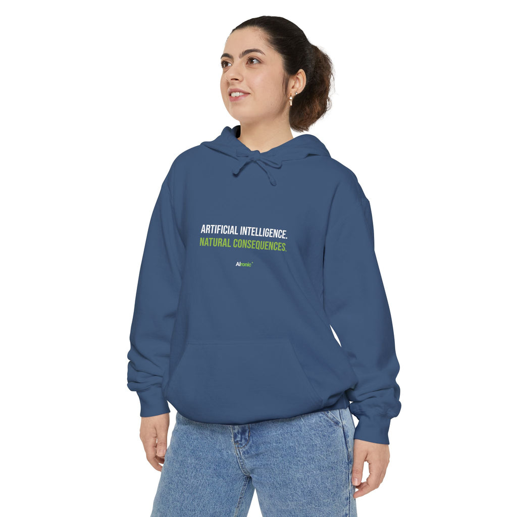 True Navy hoodie featuring “Artificial intelligence. Natural consequences.” AI humor design by AIronic, catalog view 2