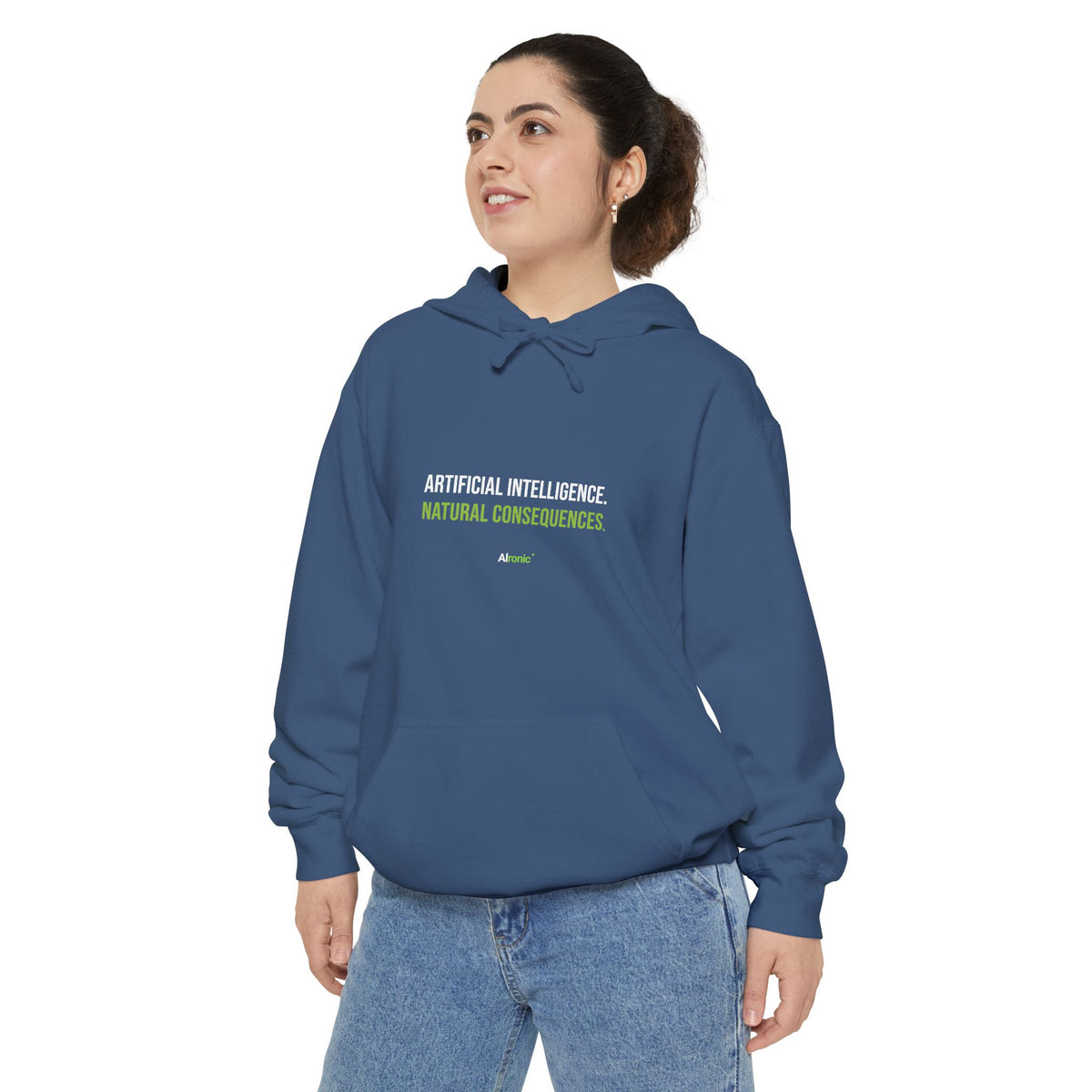 True Navy hoodie featuring “Artificial intelligence. Natural consequences.” AI humor design by AIronic, catalog view 2