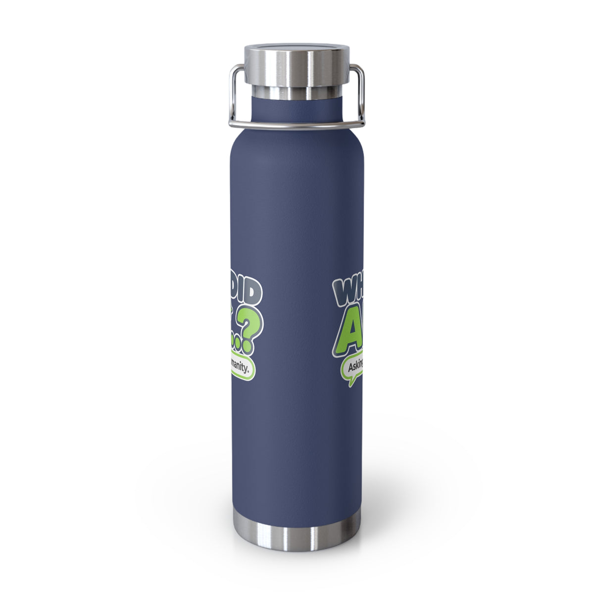 Navy water bottle featuring “Why did AI...?” AI humor design by AIronic, catalog view 1