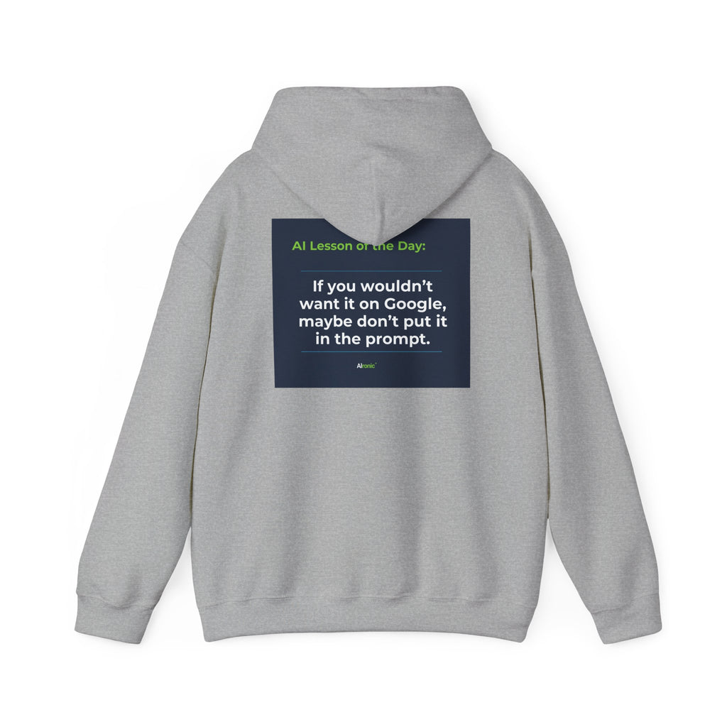 Hoodie featuring "Google Prompt Privacy" AI humor design by AIronic, gallery view 21