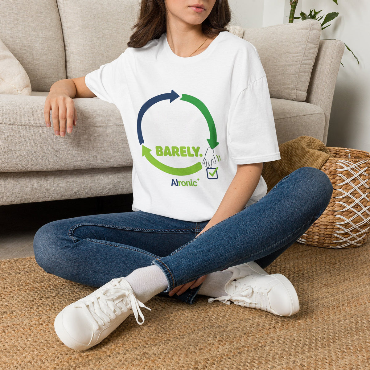 White T-Shirt featuring "Human in the Loop. Barely." AI humor design by AIronic, gallery view 3