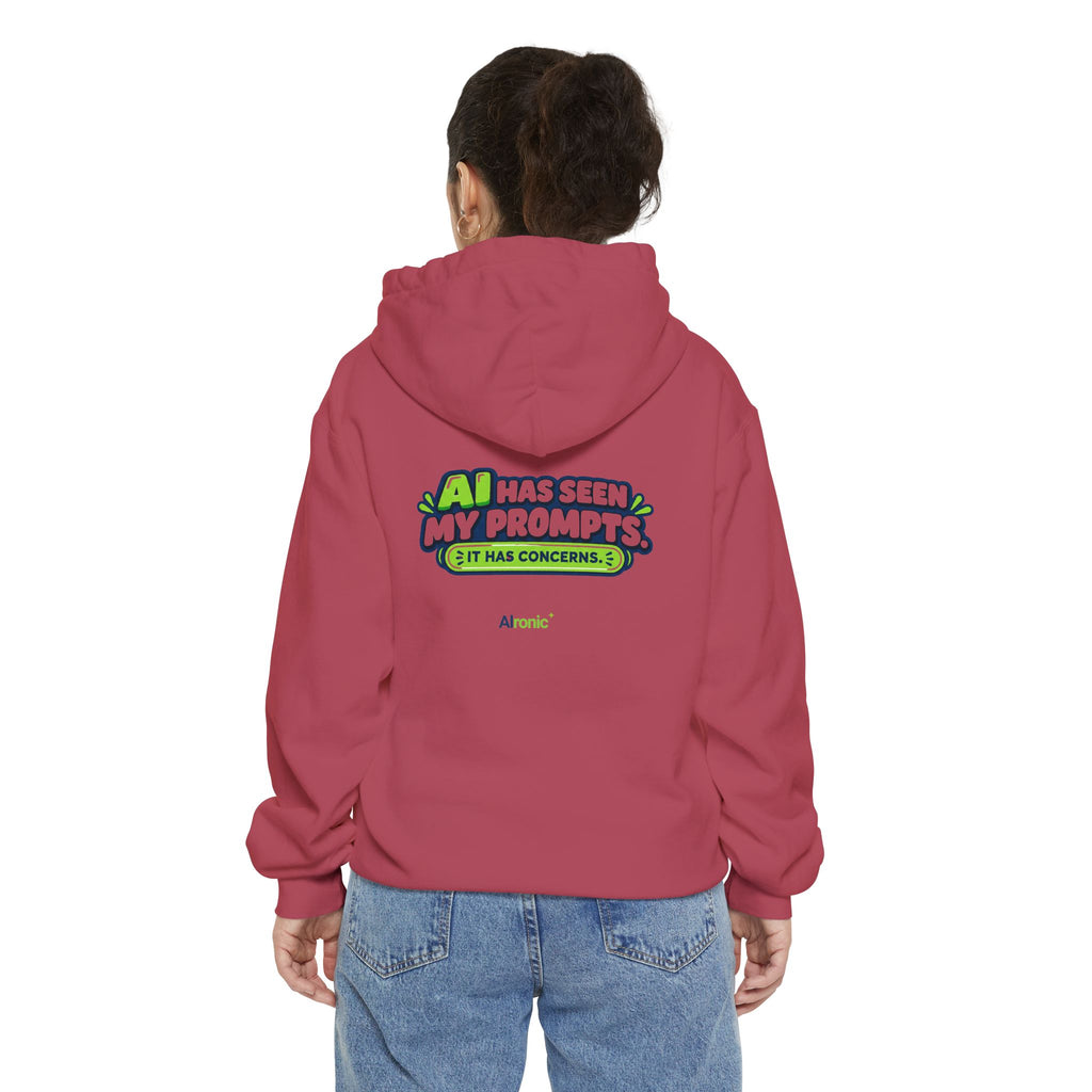 Denim hoodie featuring “AI has seen my prompts. It has concerns” AI humor design by AIronic, catalog view 4