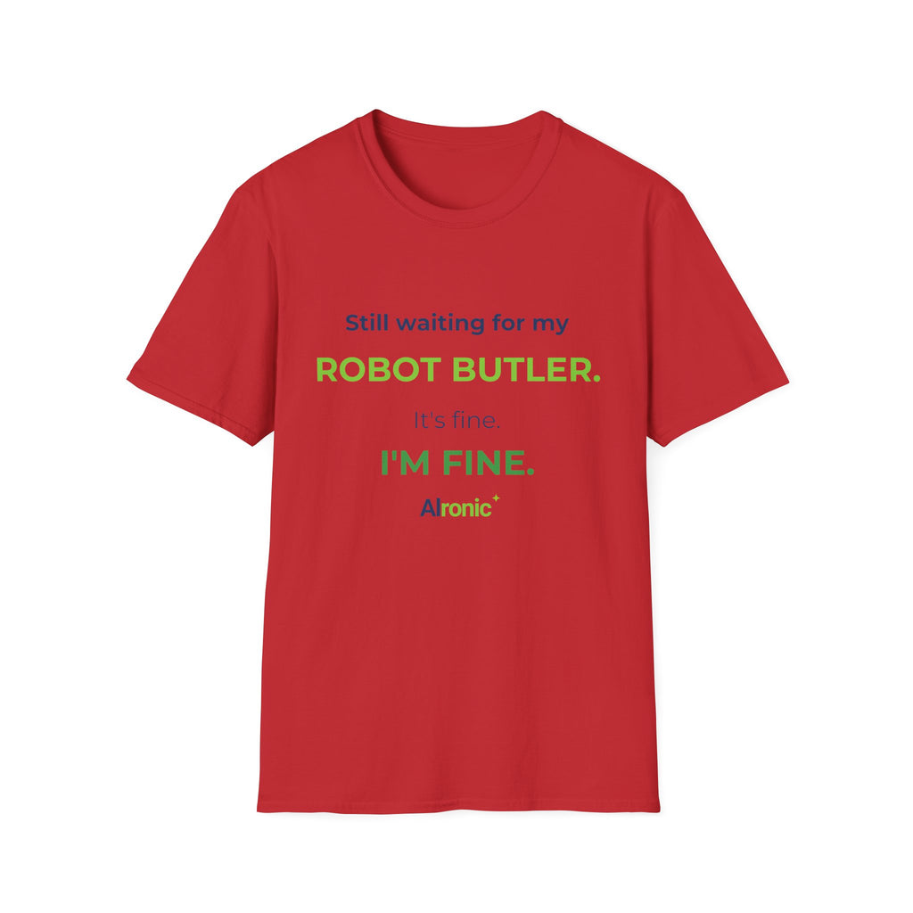 Light Blue T-shirt featuring “Still waiting for my robot butler” AI humor design by AIronic, catalog view 5