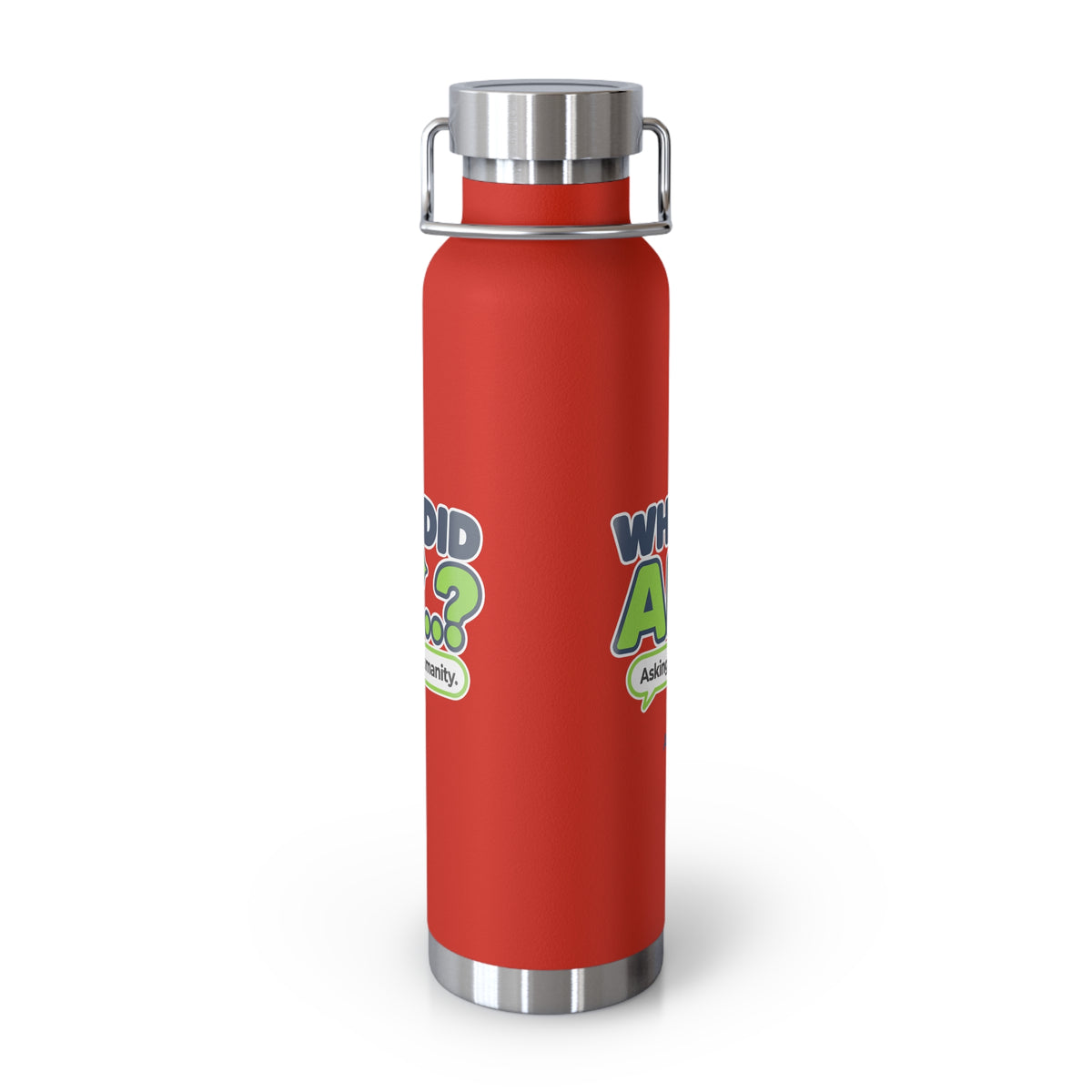 Red water bottle featuring “Why did AI...?” AI humor design by AIronic, catalog view 1
