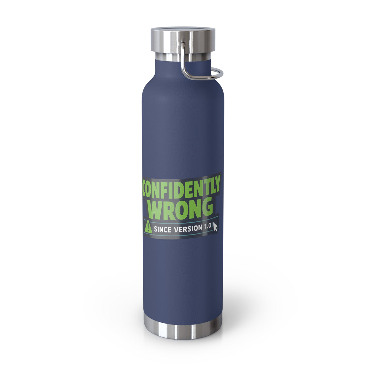 Navy Water Bottle featuring "Confidently Wrong" AI humor design by AIronic, gallery view 8