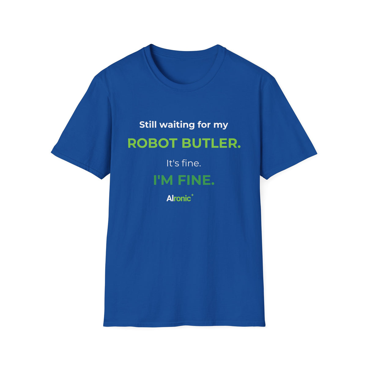 Red T-shirt featuring “Still waiting for my robot butler” AI humor design by AIronic, catalog view 4