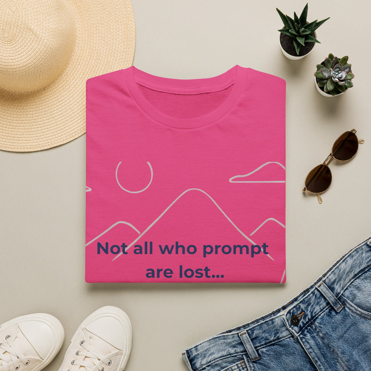 Heliconia T-Shirt featuring "Not All Who Prompt Are Lost Scenic" AI humor design by AIronic, gallery view 11