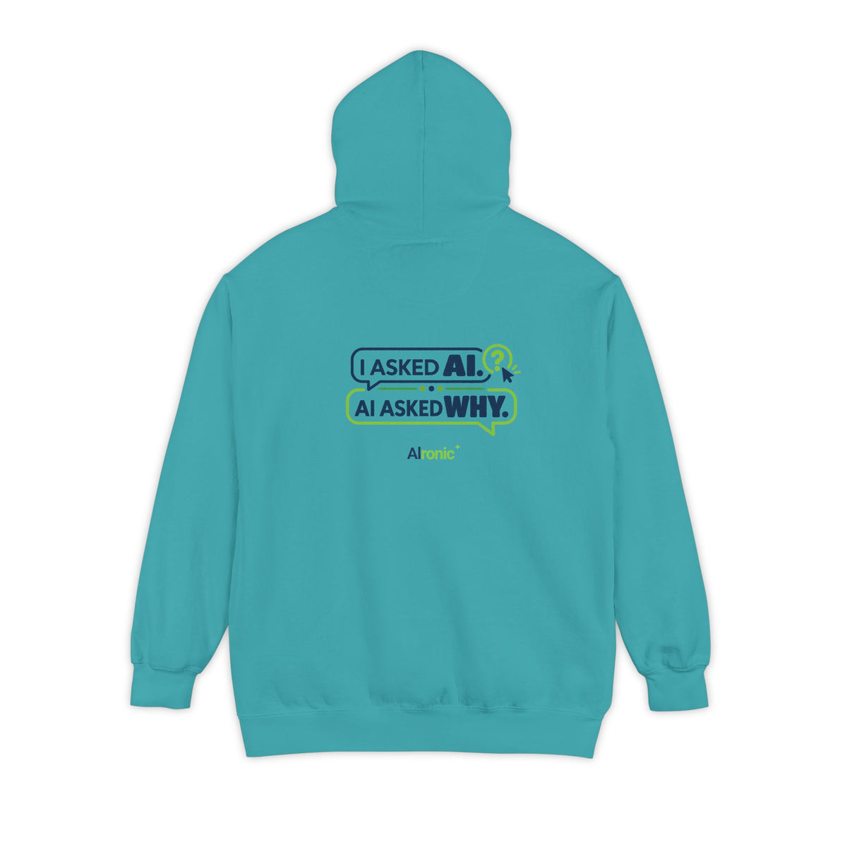 Denim hoodie featuring “I asked AI. AI asked why” AI humor design by AIronic, catalog view 3