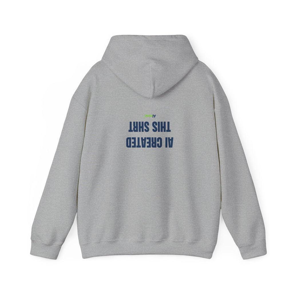 Navy hoodie featuring minimal “AI created this shirt” AI humor design by AIronic, catalog view 2